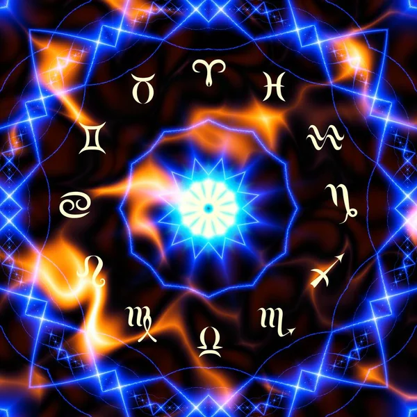 Magic circle with zodiacs sign on abstract black background. Zodiac circle