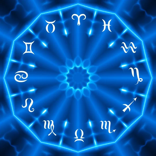 Magic circle with zodiacs sign on abstract blue background. Zodiac circle
