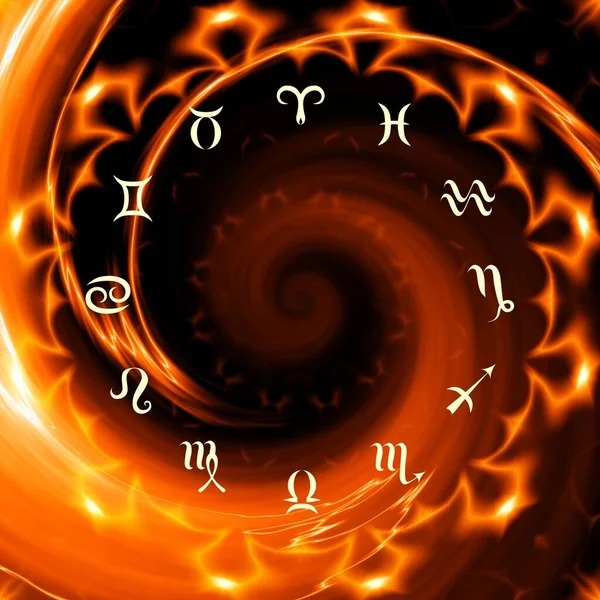 Magic circle with zodiacs sign on abstract black background. Zodiac circle