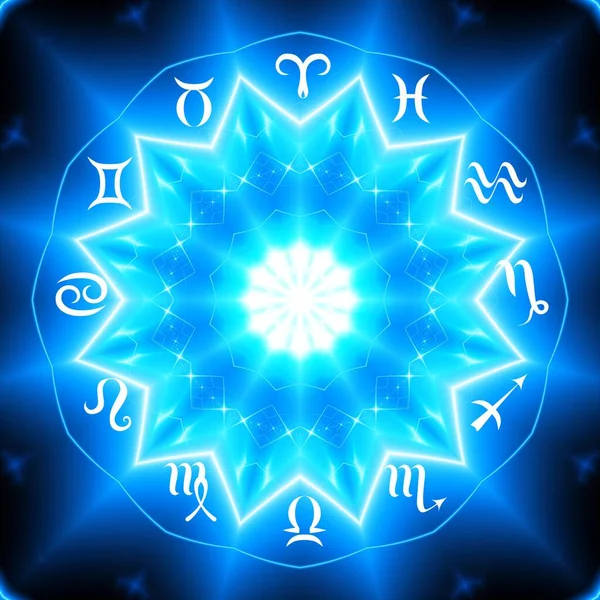 Círculo Mágico Con Signo Zodiacs Sobre Fondo Azul Abstracto Círculo Imagen de archivo