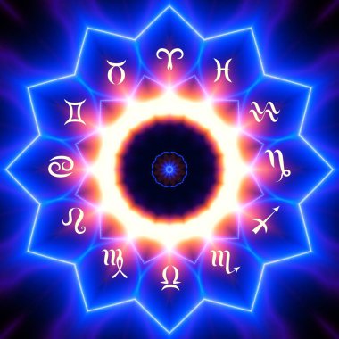 Soyut siyah arkaplan üzerinde burçlar olan sihirli bir çember. Zodiac çemberi