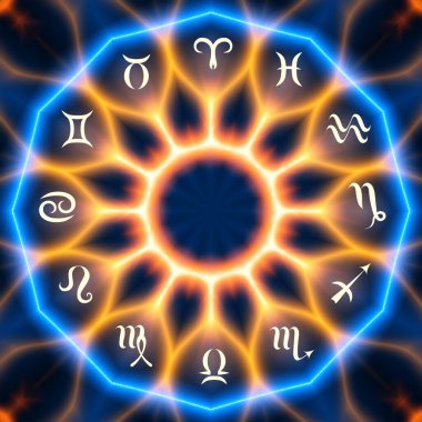 Soyut siyah arkaplan üzerinde burçlar olan sihirli bir çember. Zodiac çemberi