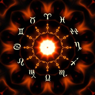 Soyut siyah arkaplan üzerinde burçlar olan sihirli bir çember. Zodiac çemberi