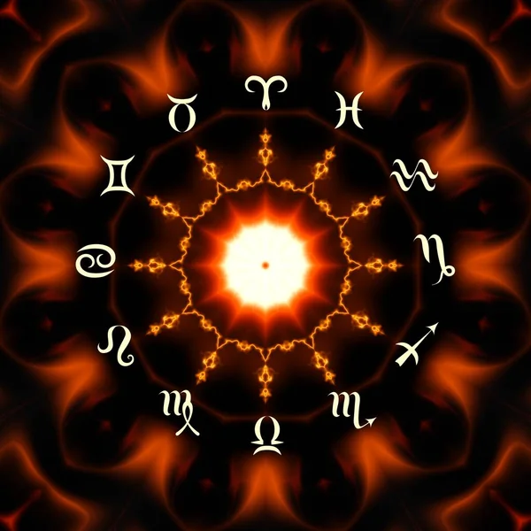 Soyut siyah arkaplan üzerinde burçlar olan sihirli bir çember. Zodiac çemberi
