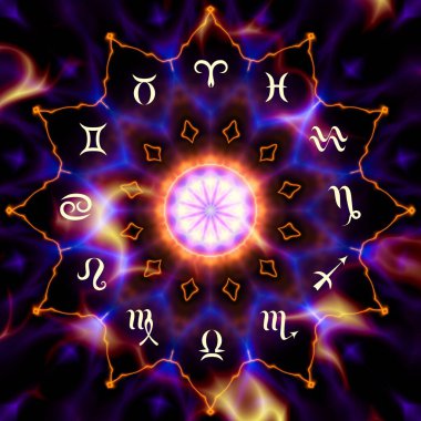 Soyut siyah arkaplan üzerinde burçlar olan sihirli bir çember. Zodiac çemberi