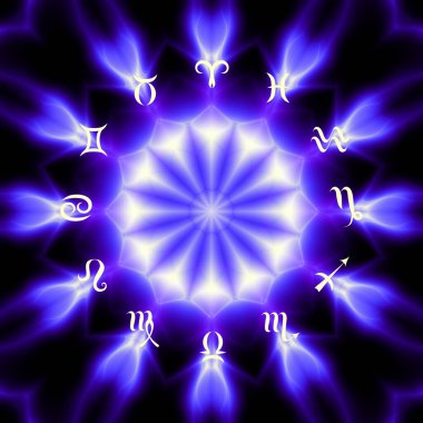 Soyut siyah arkaplan üzerinde burçlar olan sihirli bir çember. Zodiac çemberi