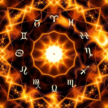 Soyut siyah arkaplan üzerinde burçlar olan sihirli bir çember. Zodiac çemberi