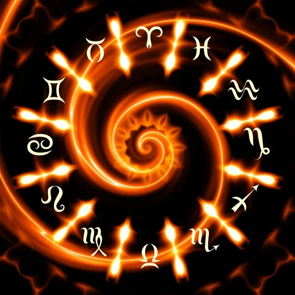 Círculo Mágico Com Signo Zodíaco Fundo Preto Abstrato Círculo Zodíaco Imagem De Stock