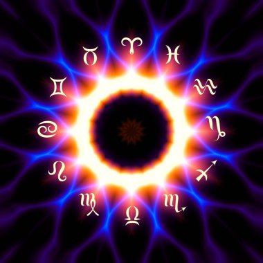 Soyut siyah arkaplan üzerinde burçlar olan sihirli bir çember. Zodiac çemberi