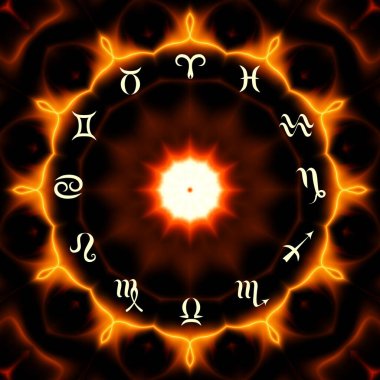 Soyut siyah arkaplan üzerinde burçlar olan sihirli bir çember. Zodiac çemberi