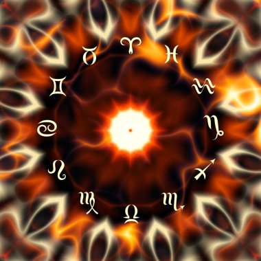 Soyut siyah arkaplan üzerinde burçlar olan sihirli bir çember. Zodiac çemberi