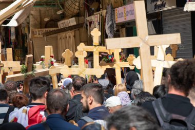 Jerusalem. Christian pilgrims commemorate the path Jesus carried his cross on the day of his crucifixion along the Via Dolorosa