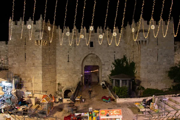 Дамасские Ворота Старого Города Иерусалима Ночи Рамадана — стоковое фото