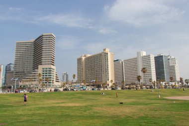 Modern Tel Aviv gökyüzü, İsrail plaj manzarası Yafo 'dan