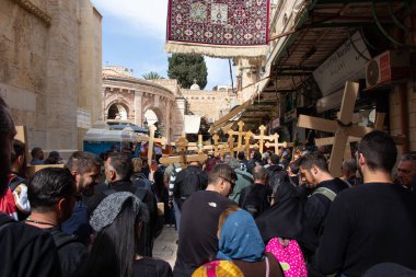 Pilgrims in Jerusalem going to Holy Sepulcher for Procession clipart
