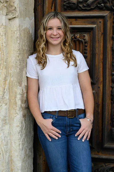 Young Pretty Teenage Girl Posing Historic Setting Her High School Stock Photo
