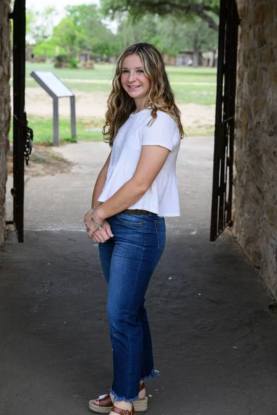 Young Pretty Teenage Girl Posing Historic Setting Her High School Stock Image