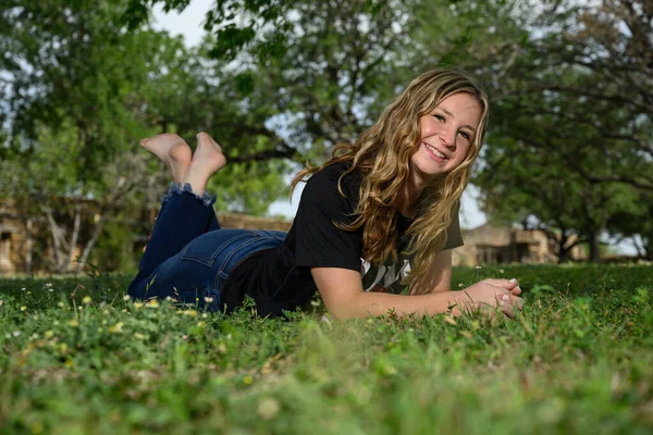 Young Pretty Teenage Girl Posing Historic Setting Her High School Stock Image