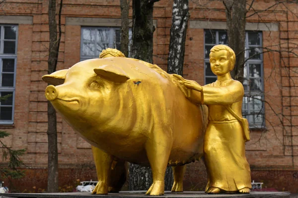 Poltava Ukraine March 2023 Bronze Sculpture Pig Figures Two Children — Stock Photo, Image