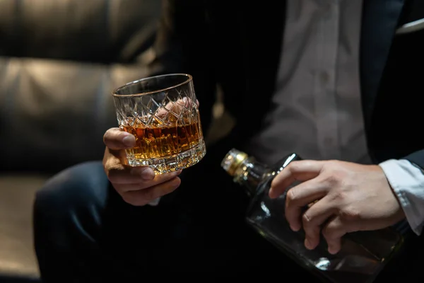 Businessman Sitting Holding Glass Whiskey Drink Whiskey — Stock Photo, Image