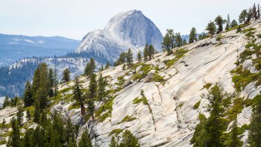 Görkemli dağ sıraları, yüksek kozalaklı ağaçlar, ve el değmemiş vahşi doğa macera ve sükuneti davet ediyor. Yarı Dome Yosemite Ulusal Parkı Kaliforniya 