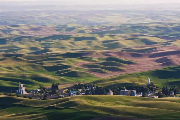 Peaceful countryside landscape showcasing rolling hills, farmland, and serene meadow surrounded by trees. Palouse Pacific Northwest Washington State