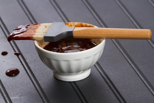 White Bowl Brush Food Sauce Table Minimalistic Setting Appetizing Dish Stock Image