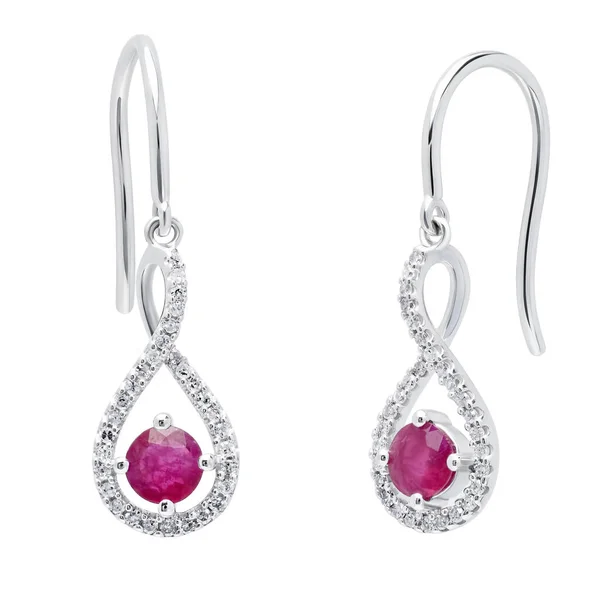 Kırmızı taşlı beyaz altın küpeler.