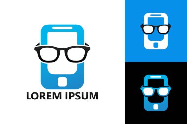 Eyeglasses phone, geek mobile logo template design vector