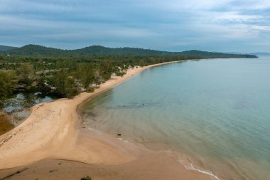 Aerial view of the sand beach with dark rocks in Phu Quoc Island, Vietnam