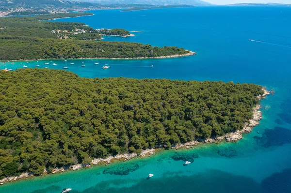 stock image Aerial view of the rocky and forested coast of Rab Island, the Adriatic Sea in Croatia