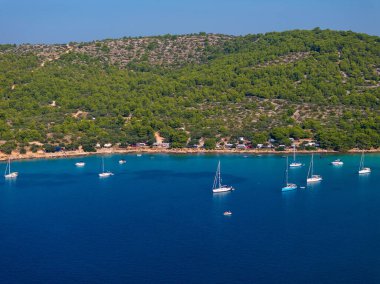 Hırvatistan 'ın Adriyatik Denizi' ndeki Murter Adası 'ndaki Kosirina plajı ve kampının varsayılan hava manzarası