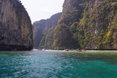 Tayland 'daki Ko Koh Phi Phi Leh Adası' nda uzun botlar.