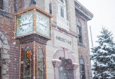 HOKKAIDO, JAPAN - December 16, 2022:The old steam clock of Otaru is another important point of the city Located in front of the Music Box Museum. This watch can spray steam every 15 minutes.