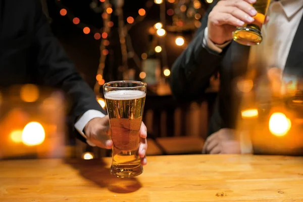 Food Drink Male Friends Happy Drinking Beer Clinking Glasses Bar — Stock Photo, Image