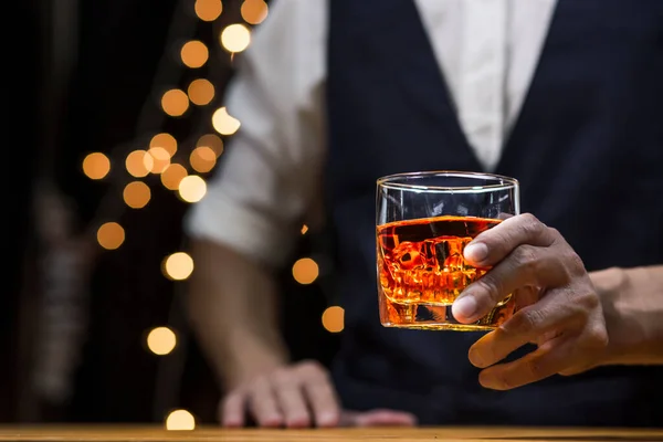 stock image Bartender Serve Whiskey, on wood bar, 