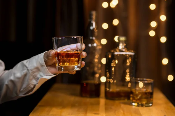 stock image Bartender Serve Whiskey, on wood bar, 