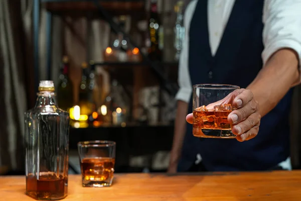 stock image Bartender Serve Whiskey, on wood bar, 