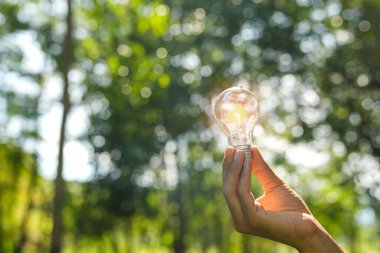 Doğaya karşı el ele tutuşan ampul, yenilenebilir enerji kaynakları için simgeler,