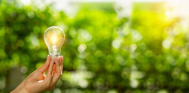 Doğaya karşı el ele tutuşan ampul, yenilenebilir enerji kaynakları için simgeler,
