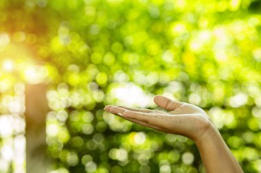 Çevre simgeleriyle el ele tutuşan teknoloji, yeşil arkaplanda Ağ bağlantısı üzerinden.