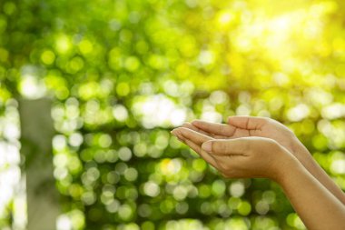 Çevre simgeleriyle el ele tutuşan teknoloji, yeşil arkaplanda Ağ bağlantısı üzerinden.