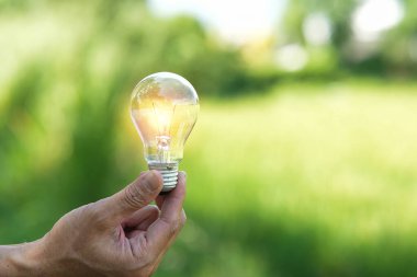 Doğaya karşı el ele tutuşan ampul, yenilenebilir enerji kaynakları için simgeler,