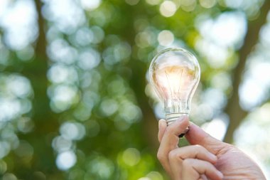 Doğaya karşı el ele tutuşan ampul, yenilenebilir enerji kaynakları için simgeler,