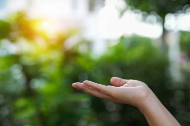 Çevre simgeleriyle el ele tutuşan teknoloji, yeşil arkaplanda Ağ bağlantısı üzerinden.