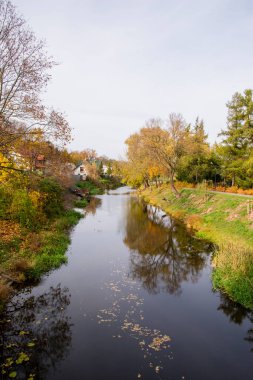 Açık bir sonbahar gününde suyun üzerinde sarkan nehir ve ağaçlar.