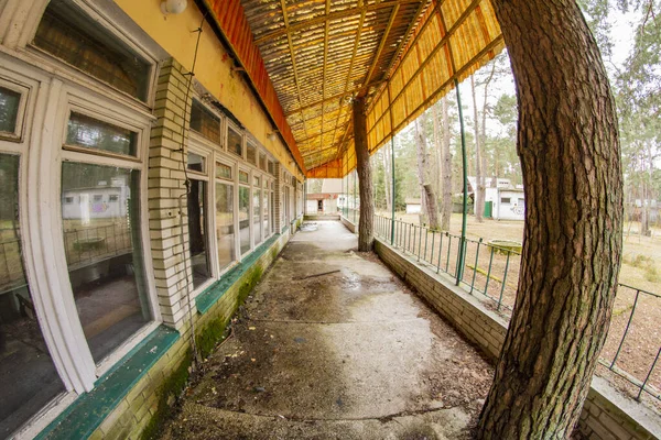 Dilapidated Abandoned Building Roofing Terrace Fisheye Lens Autumn Day — Stock Photo, Image