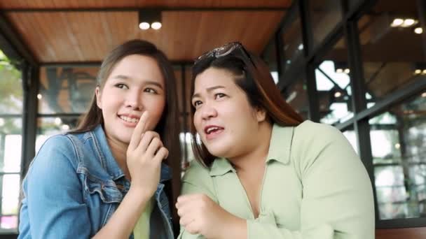 Two Best Friends Asian Girls Sit Coffee Shop Chatting Secretly — Stock Video