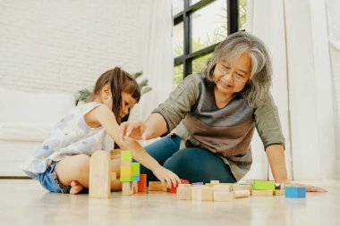 Büyükanne, bebek torunuyla oturma odasında oturup eğleniyor ve renkli ahşap bina blokları oynamaktan zevk alıyor. Zehirli olmayan eğitim oyuncakları: Eğitim ve çocuk konsepti öğrenme.