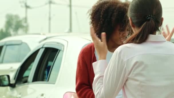 Asyalı Kadın Sürücü Tartışmalı Afrikalı Amerikalı Kadın Sürücünün Araba Kazası — Stok video